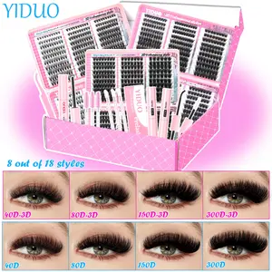 YIDUO 0.05mm Cluster Eyelash Extension, Makeup Eyelashes Extension – 18 Styles 3-Pack, 3D Effect, 8-18mm Mixed D-Curl Lash Clusters, 1580 Pcs Individual Lashes, Set with Lash Bond & Seal*2, Lash Remover, Tweezers & Eyelash Brush, At-Home DIY