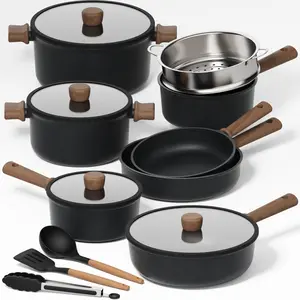 [Official] CAROTE 15Pcs Nonstick Cookware Set, Non Stick Pots and Pans Set with Wooden Handle, Heat resistant, Kitchen Utensils