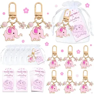 12 Sets Baby Shower Pink Elephant Keychains It's a Girl Return Favor for Guests with Flower Sweets White Organza Bags and Thank You Tags Elephant Theme Party for Kids Party Supplies