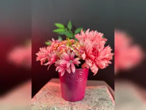 Spring Floral Centerpiece Artificial flowers Trio - Hydrangeas, Daisies, Dahlia, in a Quaint Pink Rustic Vase