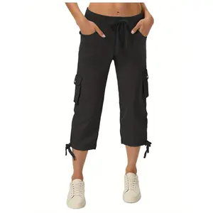 Women's Lightweight Quick-Dry Cotton Cargo Capris, Loose Cropped Pants with Pockets for Casual Outdoor Hiking Trips