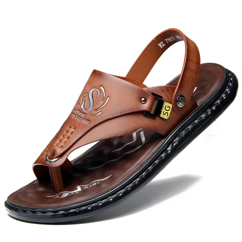 Men's Casual Wedge Sandals - PU Leather Slip-On Ankle-Secure Fit Shoes with Letters, Rubber Sole, Black Brown All Seasons Outdoor Footwear, Ideal Gift for Men Summer Sandles Sandal Wedges campingessentials, Casual Sandal