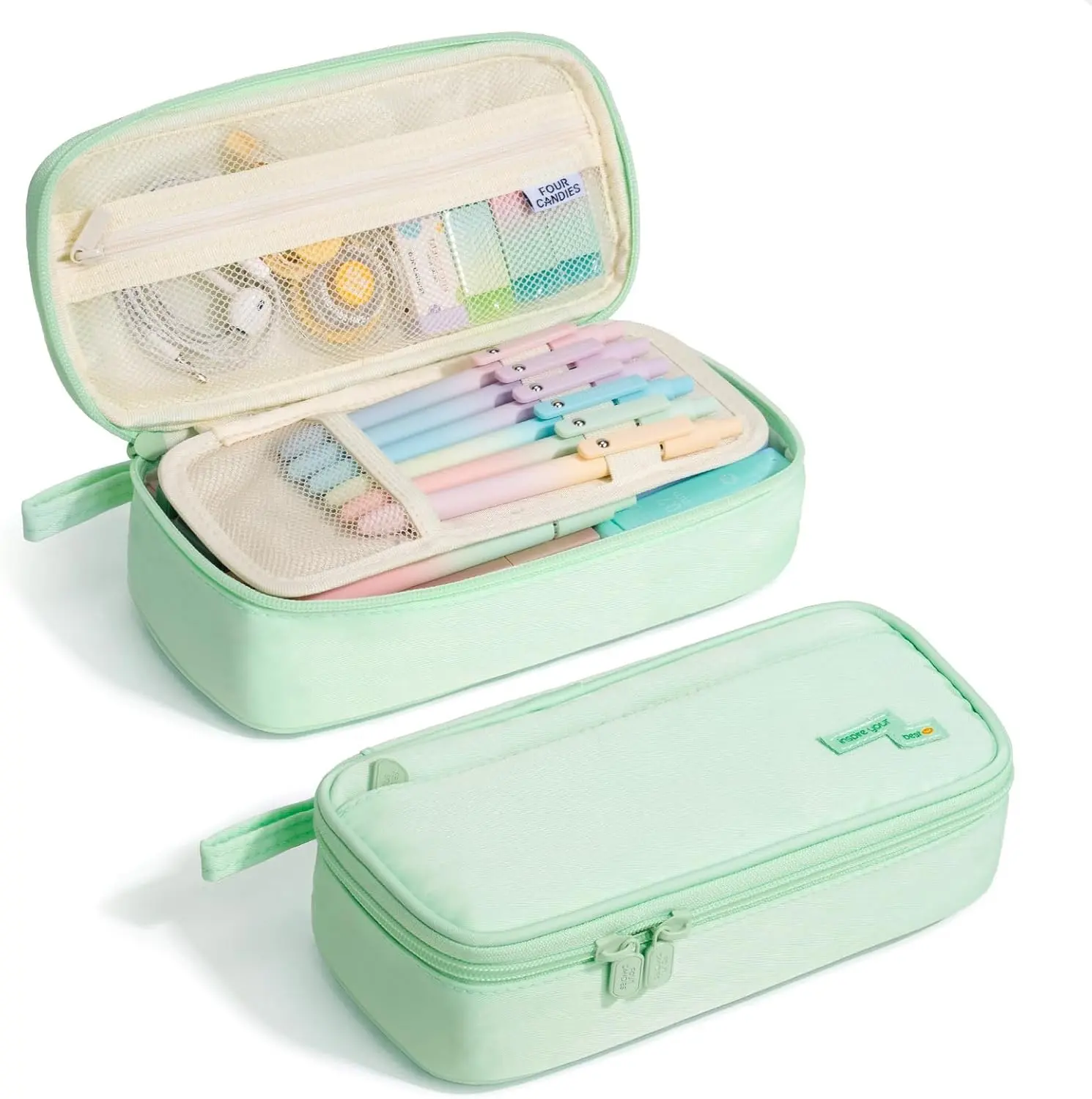 Four Candies Large Pencil Case, 5 Compartments Pen Organizer, Big Capacity Canvas Pencil Pouch Bag for School Supplies, Portable Stationery Holder for Teen Girls, Women (Peppermint Green) Gift