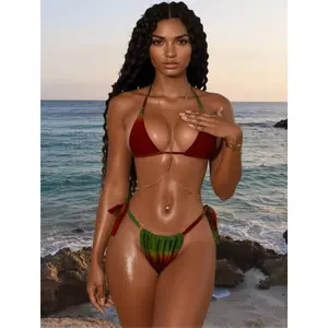 Women's Bikini Set - Red/Green Two Piece Swimsuit Tie Side Halter Low Back Push Up Triangle Thong Bathing Suit For Beach Pool Quick Drying Fabric Comfortable Fit,summervibes