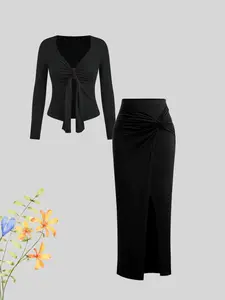 Autumn fashionable, elegant, simple and popular versatile trendy Basic women's half-cardigan long-sleeved T-shirt with slit women's skirt suit, Fall outfit, Womenswear