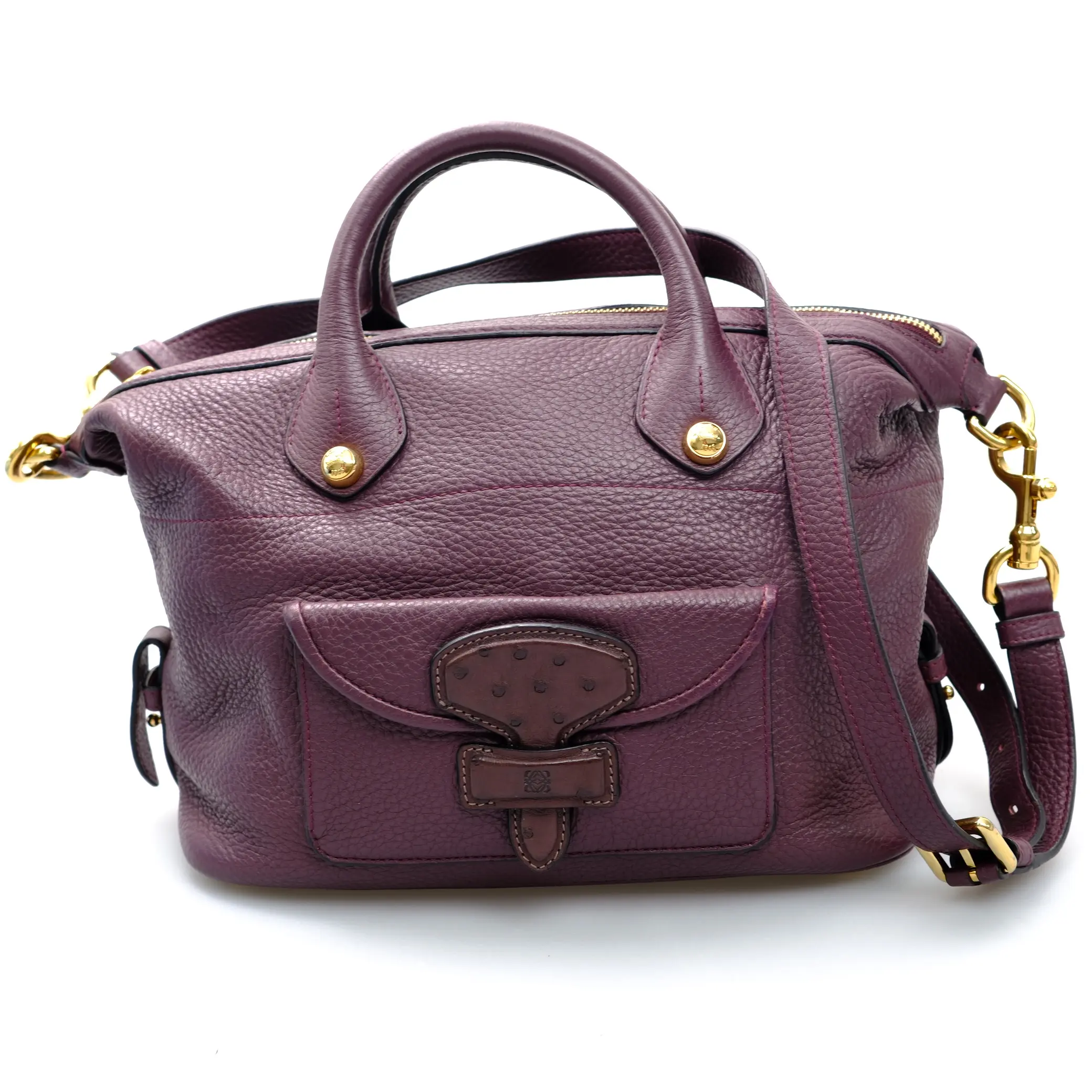 Pre-owned Loewe May 36 Burgundy Pebbled Calfskin and Ostrich Leather Top Handle Bag