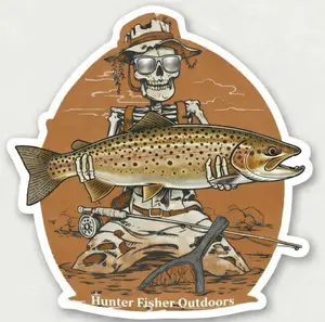 Hunter Fisher Outdoors Skeleton Fisherman Holding Brown Trout Sticker 3x3 Self Adhesive Laminated Water Resistant for Tackle Box Kayaks Water Bottles