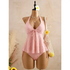 Women's Relaxed Vacation Polka Dot Textured Fabric Camisole Bikini Top Bathing Suits For Women Pink Vacation Bathing Suits Woman Pink Swimwear Seashell Bathing Suit Halter Swimwear Pink Bathing Suit Lace Swimwear Vintage Swimwear