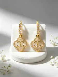 1 Pair Fashion Clear Zircon Four-leaf Clover Earrings, 18K Gold Plated Copper Double C Logo Earrings, Trendy Charm Drop Earrings for Daily/Party