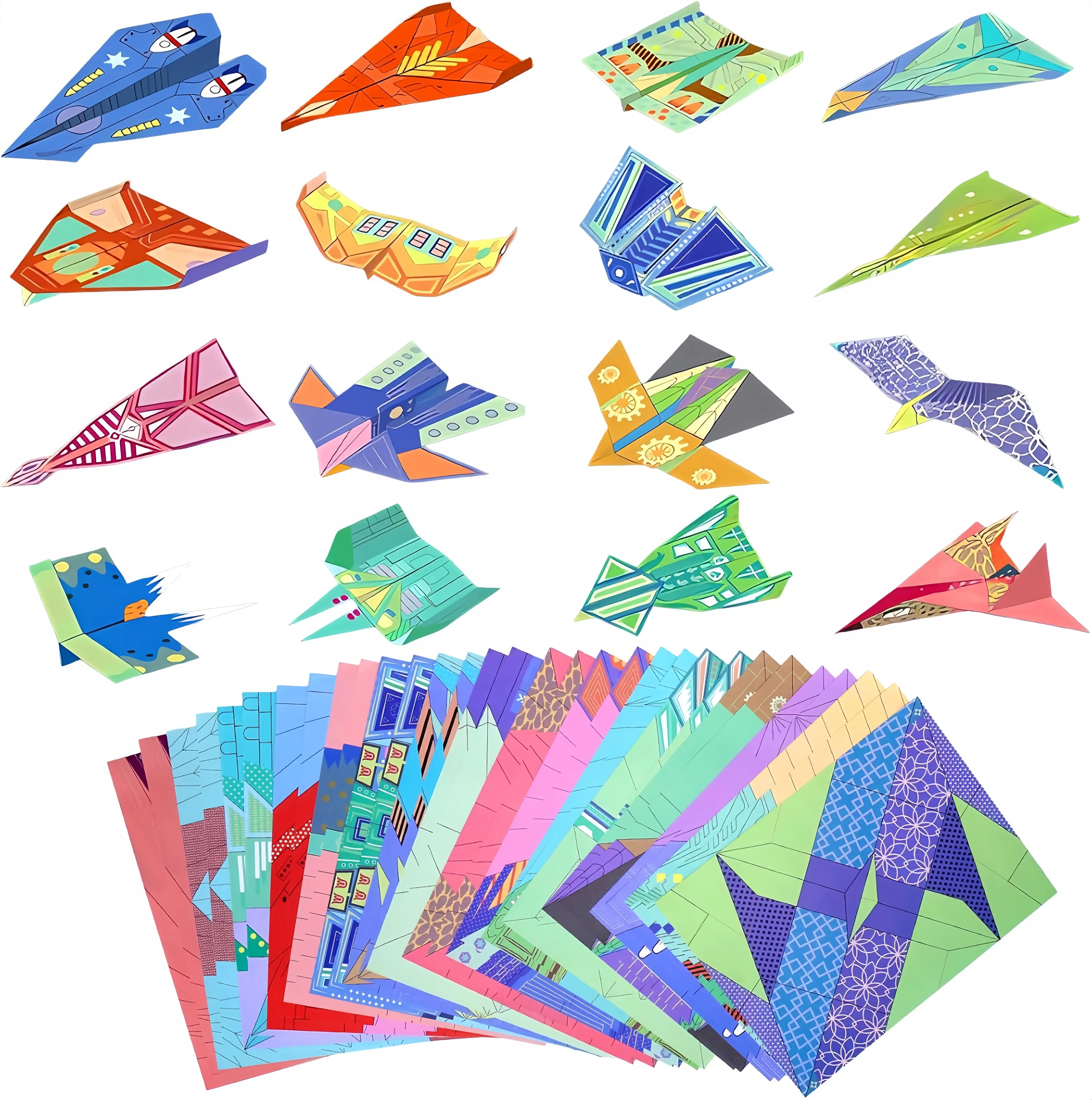 Vibrant Pre-Printed Paper Plane Origami Kit - 64 Sheets, 16 Unique Styles, STEM Learning Craft Toy to Boost Creativity, Children's Flying Master Activity, Birthday Party Favor for Kids Age 4+