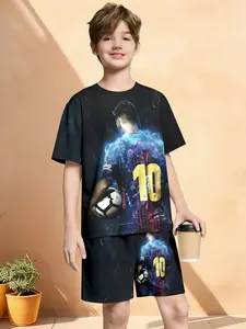 Boys' Short Sleeve Set, Barcelona Messi Print, Casual Fitted Tee and Shorts, Natural Waist, Asymmetrical Design, Random Print