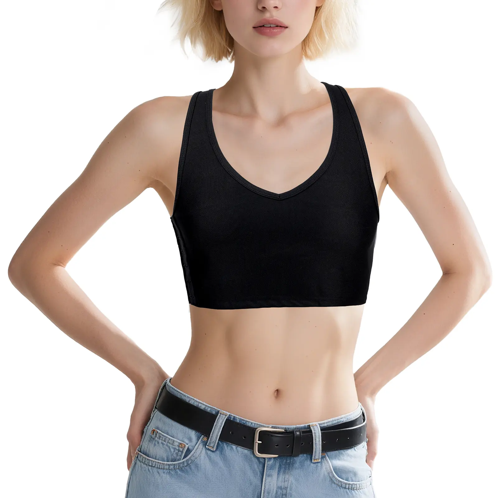 CuteStreet Chest Binder for Transgender FTM V Neck Hook Elastic Band Tomboy Breast Binder Tank Top Womenswear Basic Black Casual Minimalist Short Sleeveless