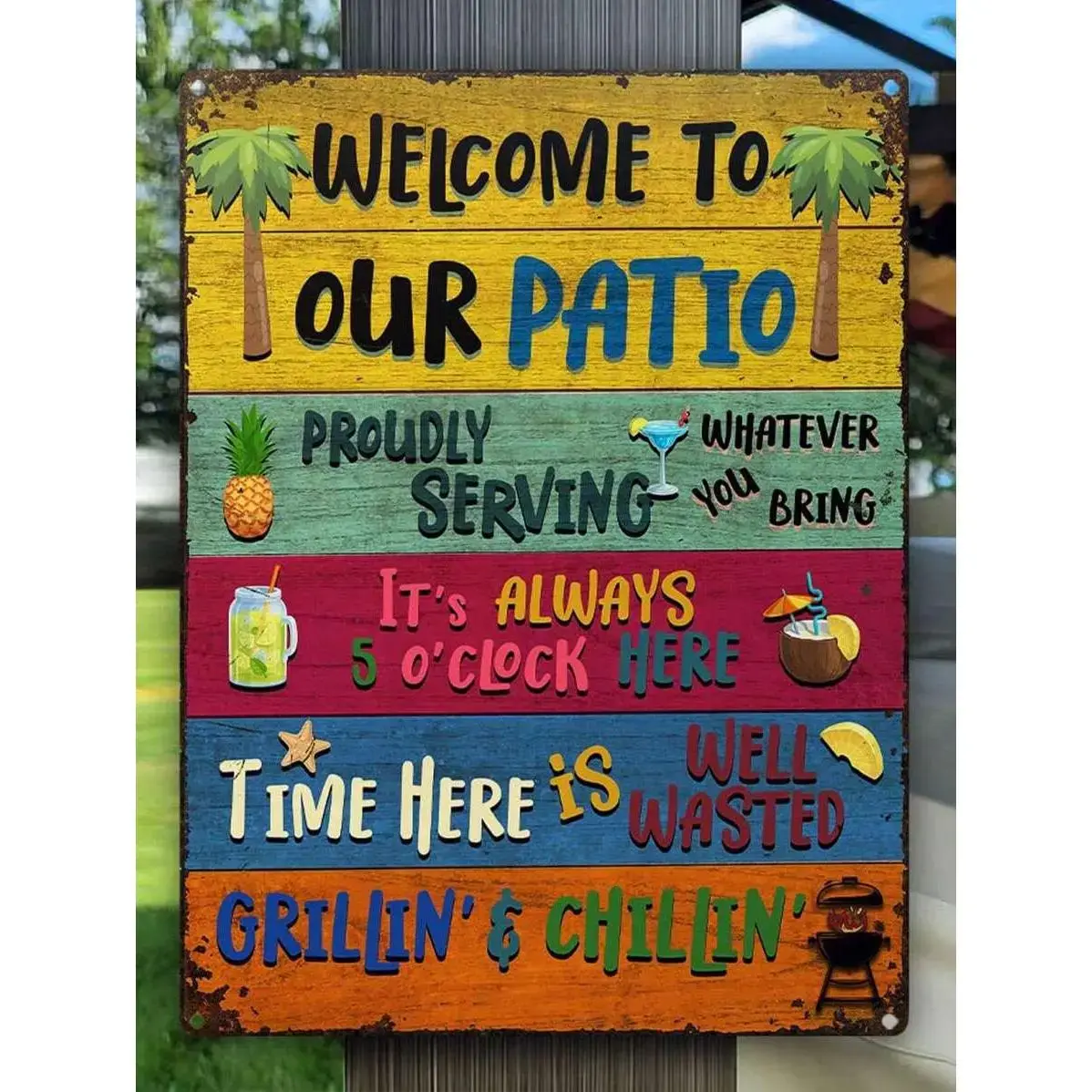 Vintage Rustic Metal Patio Wall Plaque - 12x8 in Decorative Outdoor Patio Sign, BBQ Party Yard Decor, Farmhouse Housewarming Gift