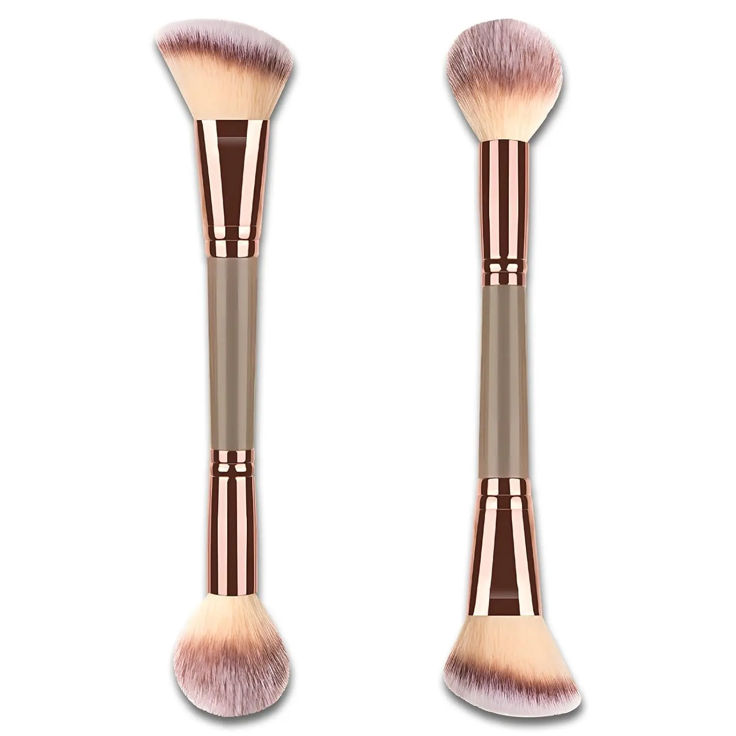 Dual-Tipped Face Brush, Double-Ended Foundation Makeup Brush with Angled & Round Tops for Liquid, Powder & Cream Blending, Brown & Champagne Gold, Dual-Tipped Face Brushes
