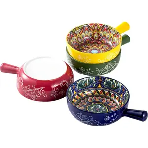 Soup Bowls with Handles, 25 Oz French Onion Soup Bowls Oven Safe, Bohemian Ceramic Soup Crocks for Cereal, Pasta, Beef Stew, Chilli, Microwave Dishwasher Safe, Set of 4 Porcelain Serving Pumpkin Tableware