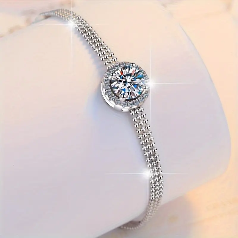 Radiant Sterling Silver Moissanite Bangle - Dazzling Round Bead Style, 1 Carat Gem, Handcrafted for Her - Perfect Romantic Mothers Day Gift
