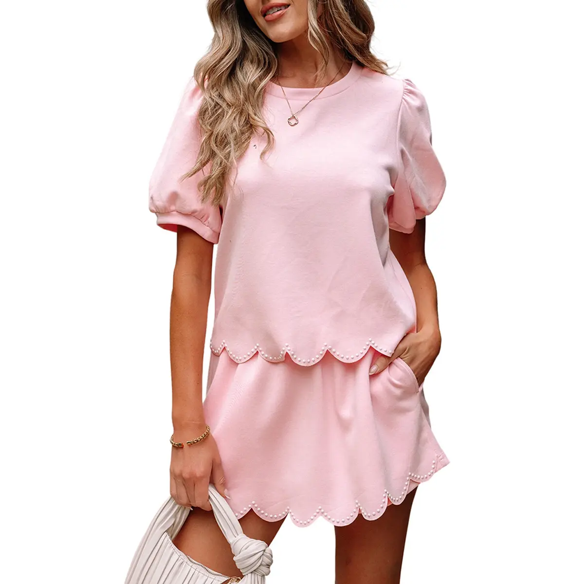 Mntaor Women's Chic 2 Piece Set Puff Sleeve Pearl Embellished Top & Scallop Trim Skort Effortless Summer Outfit for Brunch Work from Home or Casual Days Out Womenswear Clothes