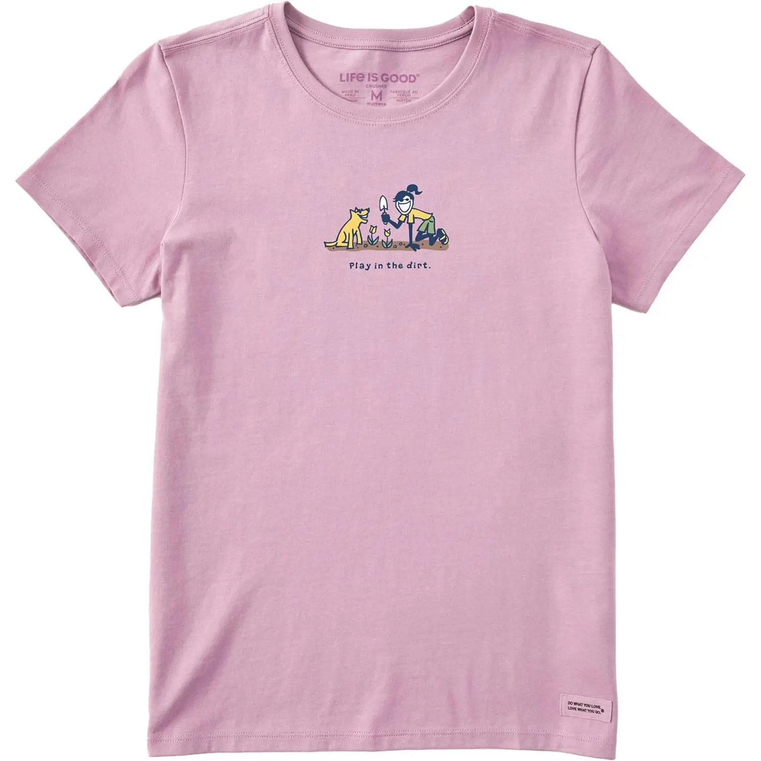 Life Is Good women’s standard crusher T-shirt, short-sleeve 100% cotton printed tee featuring a “Jackie Plays in the Dirt” design