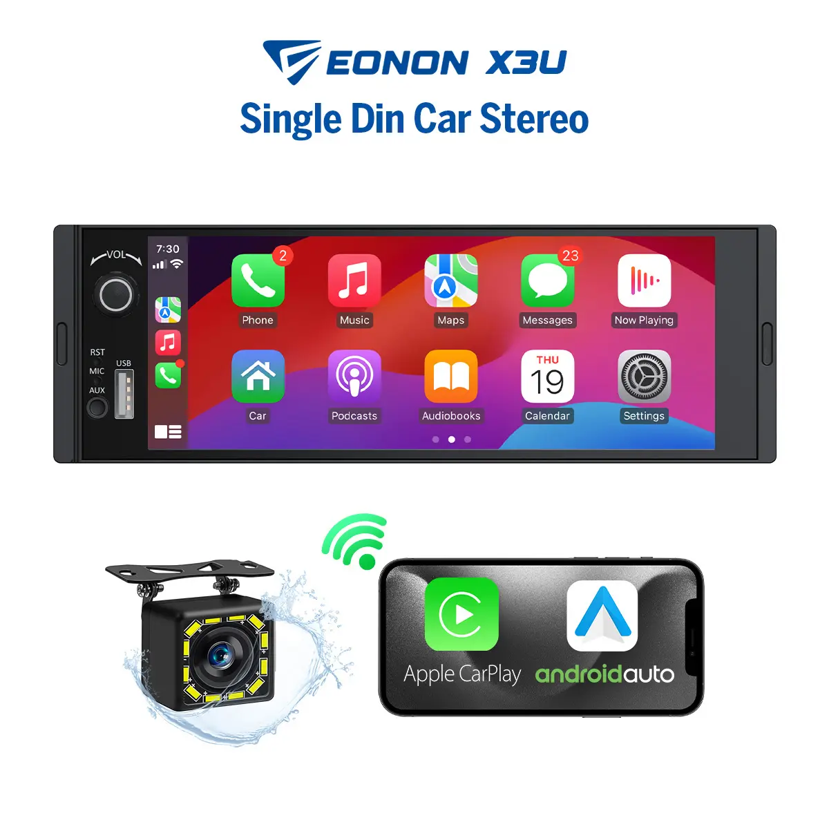 Eonon Single-Din Car Stereo - 6.36" IPS 1280×480 Touchscreen, Wireless CarPlay, Android Auto, ST TDA7851 Amplifier, Bluetooth 5.3, 4×48W Surround Sound, Backup Camera Support, Steering Wheel Control, Auxiliary Input - X3U