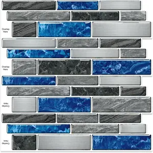 10 Sheets Peel and Stick Backsplash, Peel and Stick Tiles, Marble Look Wall Tiles Backsplash for Kitchen and Bathroom, Livingroom, 12"x12",Blue&Grey