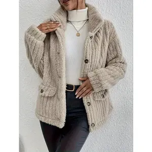 Women's Fall Winter Casual Slim-Fit Teddy Jacket Coat, Thick Fabric Drop Shoulder Design, Stylish Button Front Outerwear for Women