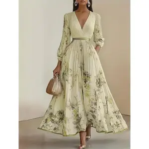 Elegant Olive Green V-Neck A-Line Formal Maxi Dress with Floral Lace Applique, Ruffled Bodice & Slit Hem – Machine Washable Women’s Wedding, Party & Bridesmaid Dresses, V-Neck Design, Pleated Skirt Style, Fabric: Beige Peplum