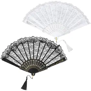 Lace Hand Fan for Wedding - 1920s Art Deco Floral Fan with  Glitter & Tassels,   Accessories for Bridal Shower,  Party, Roaring 20s Costume Prop (White & Black)