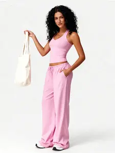 Women’s 5-piece set: halter/crossback tank top + mid-rise drawstring casual pants two-piece set; casual commuter athletic outfit