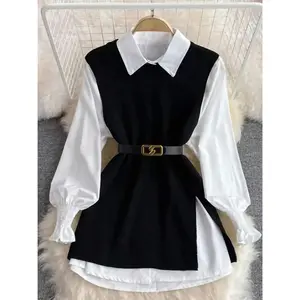 Women's Casual Black Vest, White Tie and Belt - Long Sleeve, V-neck, Ruffled Hem, Perfect for Autumn and Winter, Casual Winter Wear |       Vest with belt |       Construction, Sweater Vest Womenswear Tops Fitted VneckGift