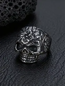 1pc Gothic Retro Style Skull Flower Ring, Dark Punk Style, Niche, High-end, Motorcycle Party, Trendy and Cool Ring