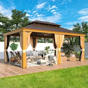12'x18' Wood-Look Aluminum Hardtop Gazebo, All Weather Double-Layer Galvanized Steel Roof with Curtains & Netting for Patio Garden