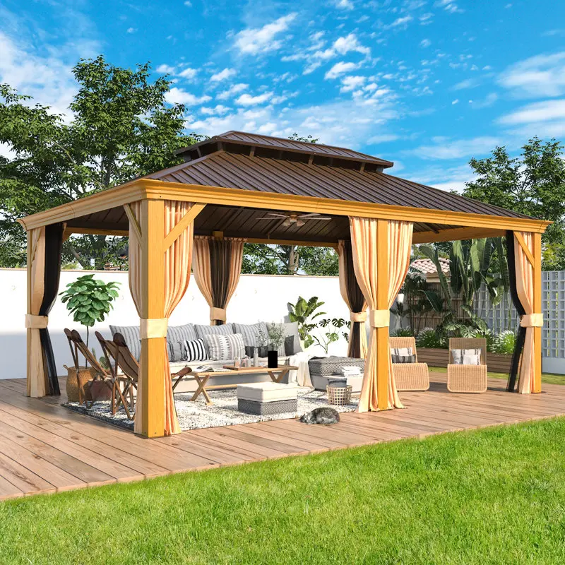 12'x18' Wood-Look Aluminum Hardtop Gazebo, All Weather Double-Layer Galvanized Steel Roof with Curtains & Netting for Patio Garden
