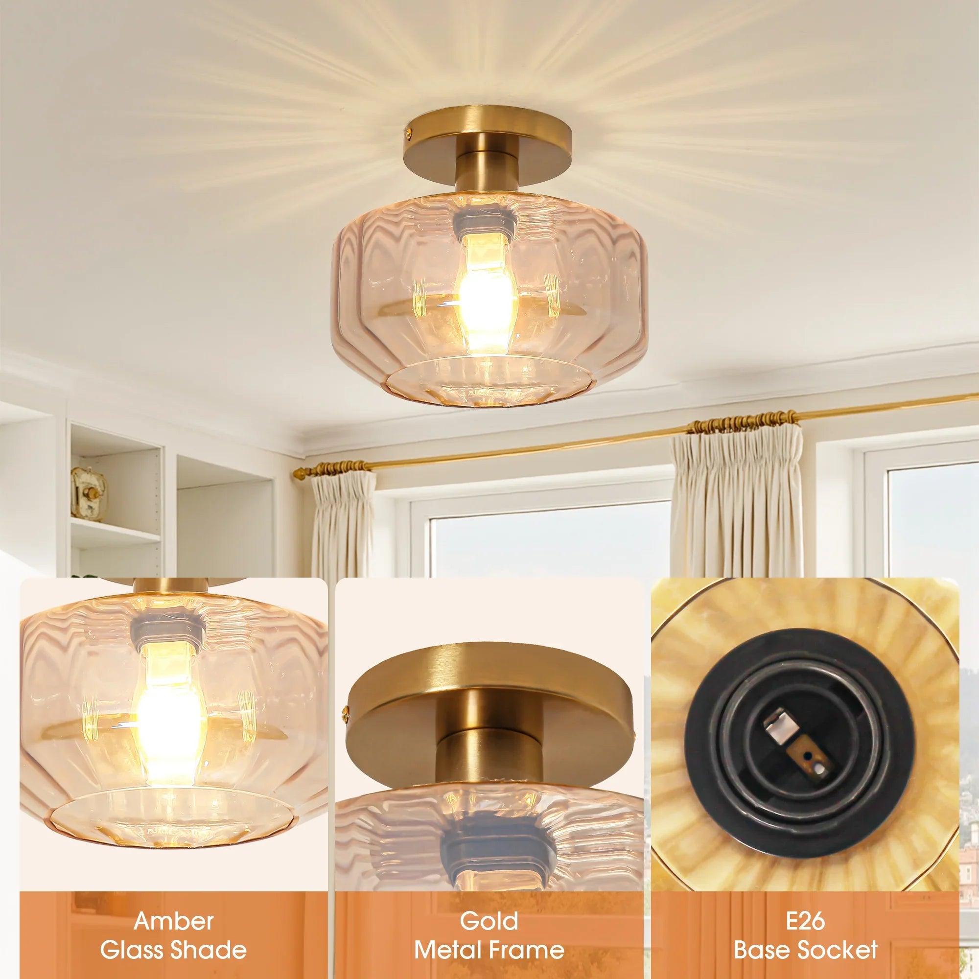 Modern Gold Semi-Flush Mount Ceiling Light | 9" Gerald Rippled Glass Lighting Fixture
