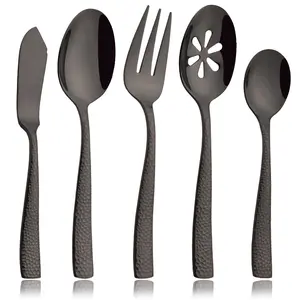 5-Piece Hammered Flatware Hostess Set Stainless Steel Serving Fork Slotted Serving Spoon Butter Knife Teaspoon Set for Buffet Party Mirror Polished Dishwasher Safe
