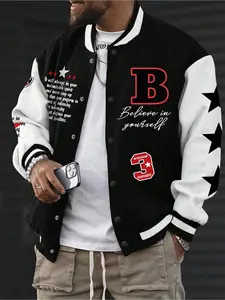 Plus Size Men's Slogan & Figure & Stars Print Button Front Thermal Lined Vintage Varsity Jacket, Casual Regular Fit White and Black Colorblock Long Sleeve Pocket Baseball Collar Outerwear for Fall & Winter, Men's Clothes for Daily Wear