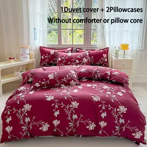 3-Piece Wine Floral Print Bedding Set, 100% Polyester, Breathable and Super Soft, Includes 1 Duvet Cover and 2 Pillowcases, All Seasons
