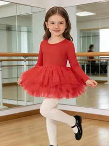 Girls' Ballet Dress with Velvet Skirt and Long Sequined Sleeves, Plain Color Dance Bodysuit, Elegant Performance Clothing