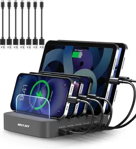 MSTJRY Charging Station for Multiple Devices : 5 Port Multi USB-A Charger Stations Multi-Device Organizer Charging Dock Designed for Iphone Ipad Cell Phone Tablets (7 Short Cables Included), Gray