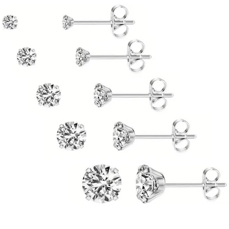 Women's 5-Pair Hypoallergenic CZ Boxed Earrings - 316L Corrosion Resistant Stainless Steel, Round Cut, 3-8mm Multi-Size, 12mm Extra Long Posts for Thick Earlobes, Earring Stacking Set with Butterfly Buckle, Anniversary Jewelry