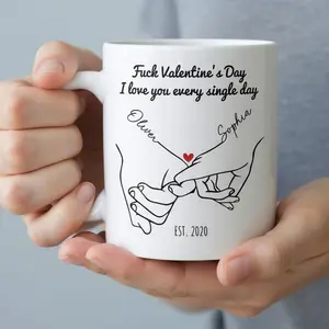 Personalized Names & Date Coffee Ceramic Mug, Custom Couple Holding Hands Mug, Hand Sketch Design Gift For Valentine's Day