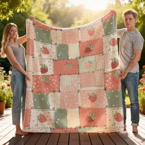 Strawberry Patch Flannel Blanket Garden Fruit Aesthetic Red Berry Soft Warm Throw For Gamer Room Decor Dorm Essential Bed Sofa Home Holiday Gift