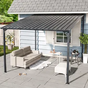 10x10 ft Galvanized Steel Outdoor Hardtop Gazebo Pergola - Wall-Mounted Patio Shelter with Sloped Roof, 138.45 lb, Sun Protection for Garden Backyard BBQ Watch Party, Black Metal, 120.31W x 111.89D x 98.62H in