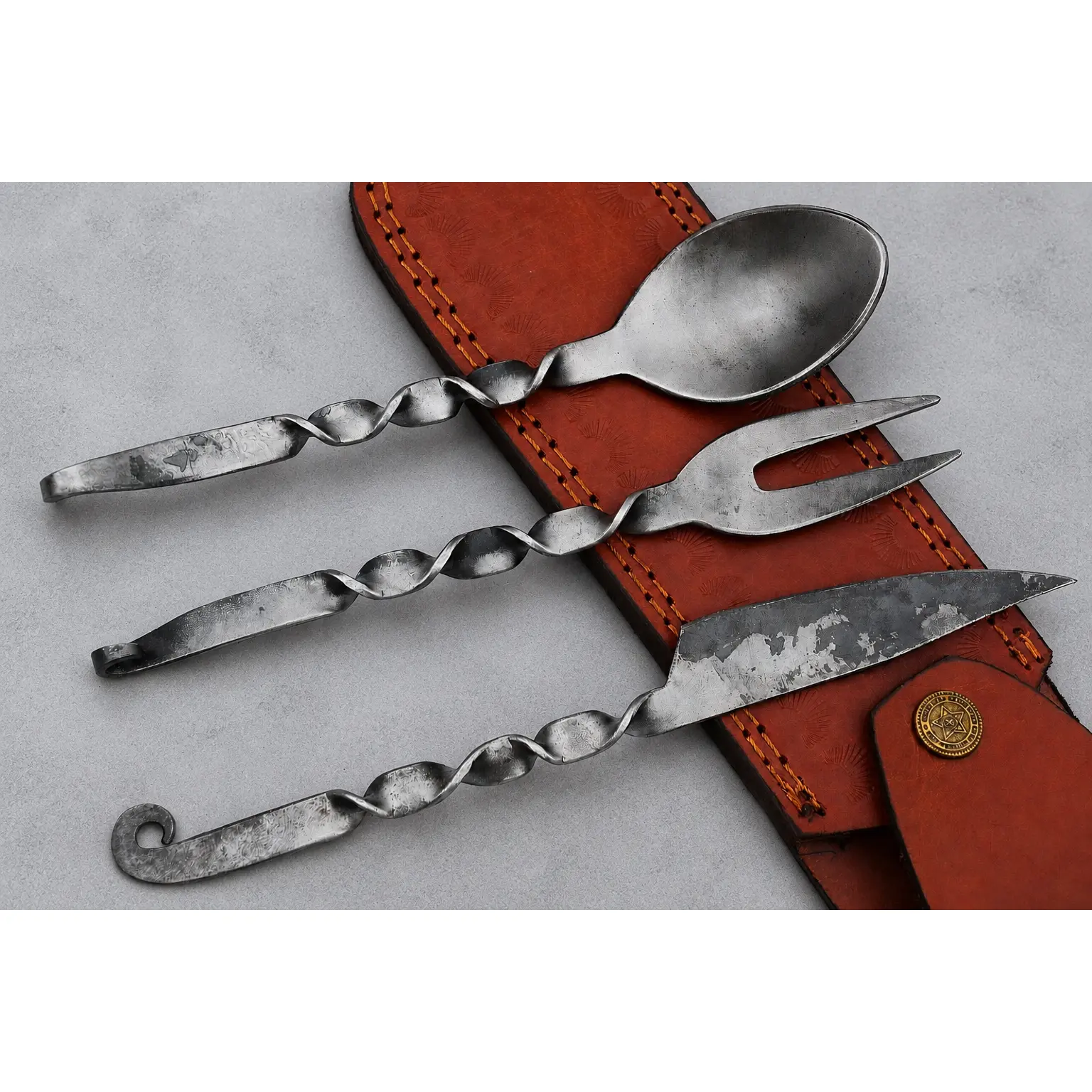 3-Piece Hand Forged High Carbon Steel Rustic Medieval-Inspired Cutlery Set - Fork, Spoon Tableware with Leather Pouch