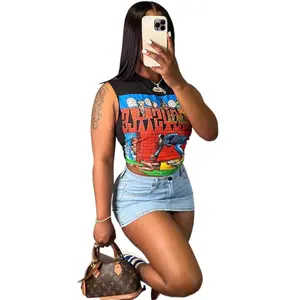 European and American 2024 Summer Women's New Collection American Hot Girl Cartoon Print Short Slim Fit Sleeveless Top Fabric Spandex