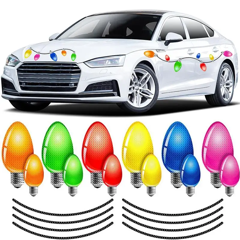 Reflective Car Magnets Set, Car Decal with 8 Magnet Wires, Holiday Lights Bulb Sticker Magnet Set for Car, Garage, Mailbox, Refrigerator & More, Car A