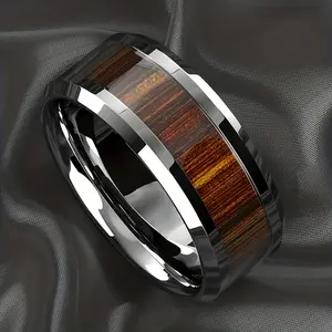 1pc 8mm Black Stainless Steel Wood Inlaid Ceramic Ring for Men, Polished Brown Wood Casual Wedding Band