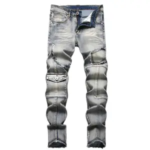 XIMXIMMTIAN Men Slim Fit Jeans Fashion Biker Jeans for Men Stretch Designer Distressed Straight Denim Pants Menswear Trouser Streetwear Human Pocket Operator Plain Retro Beige jeans for rock revival true religion flaps plain street vlone scab jeans