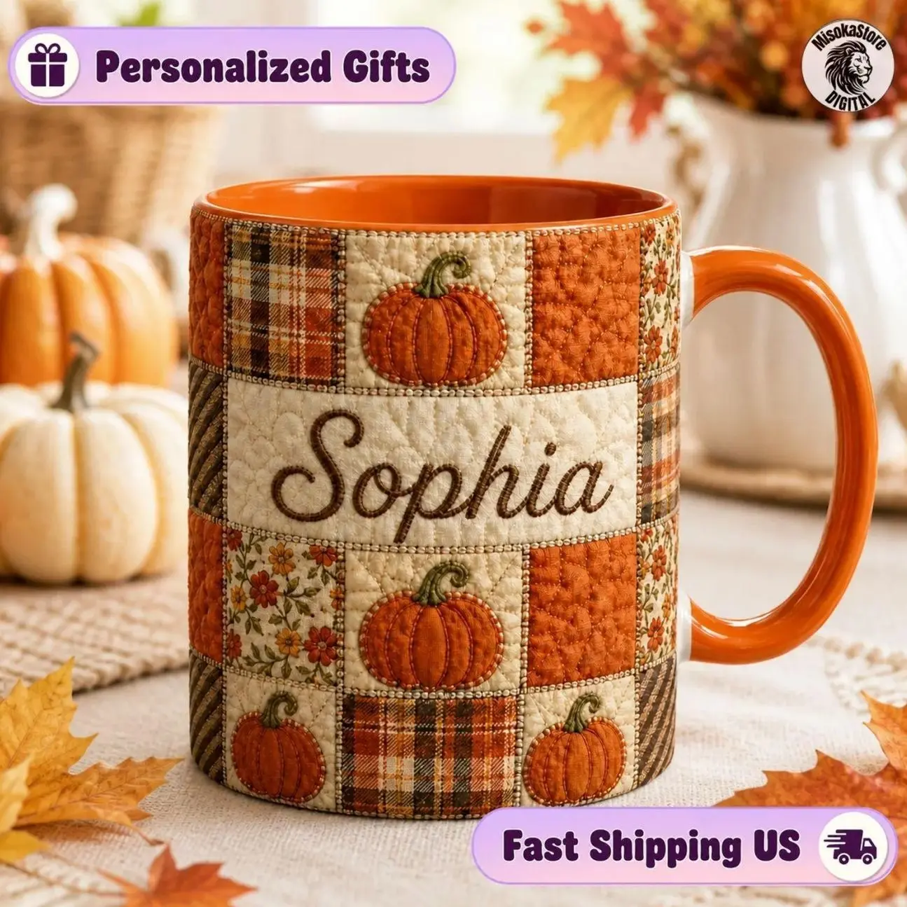 Personalized Pumpkin Patchwork Mug, Autumn Pumpkin Design, Custom Name Quilted Fall Coffee Mug, Thanksgiving Gift, Cozy Fall