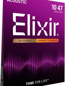 Elixir Strings, Acoustic Guitar Strings, 80/20 Bronze with NANOWEB Technology, Longest-Lasting Bright and Focused Tone For Life with Comfortable Feel, 6 String Set, Extra Light 10-47