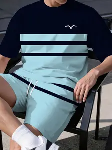 Men's spring and summer casual short-sleeve sets, navy and light blue striped seagull logo printed trendy and fashionable short-sleeve sets, vacation-style trendy outfits, breathable sports and casual style, a perfect holiday gift for men
